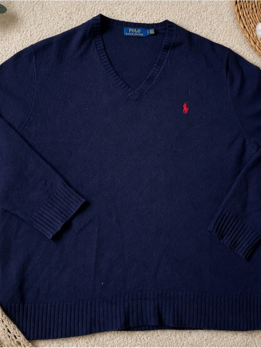 Ralph Lauren Men’s Navy V-Neck Sweater with Red Pony